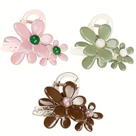 Ozdoby do włosów - TEMU 3/1 szt. Kwiatowe Spinki do Włosów - Duże Antypoślizgowe Akrylowe Klipsy z Mocnym Uchwytem, 3 Kolory (Brązowy Kawa, Różowy, Zielony) - - miniaturka - grafika 1