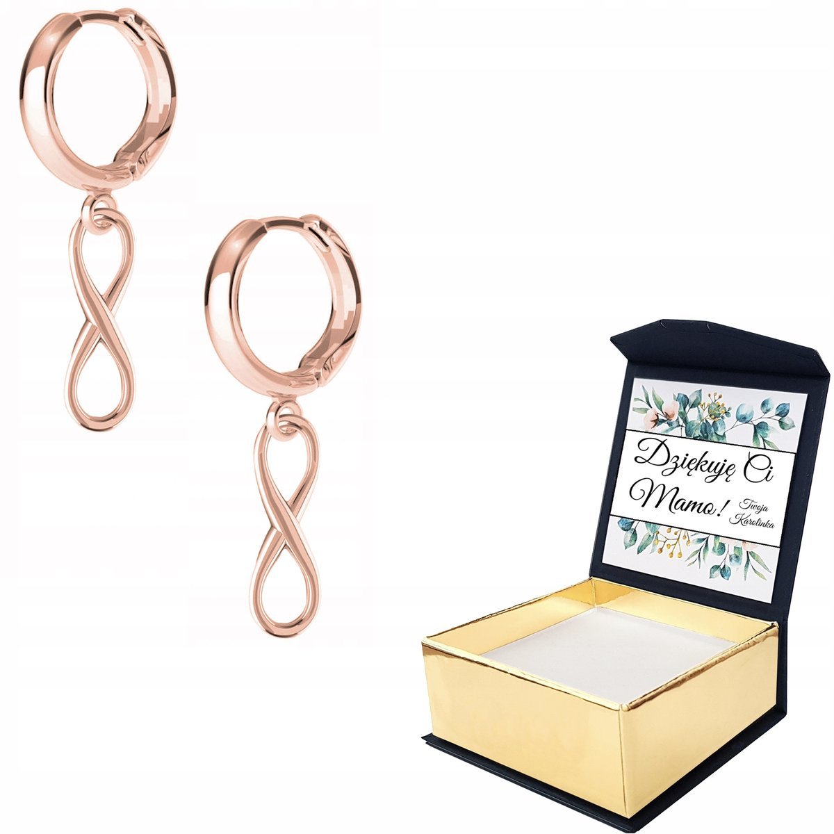 Kolczyki różowe złoto Nieskończoność WŁASNY NADRUK