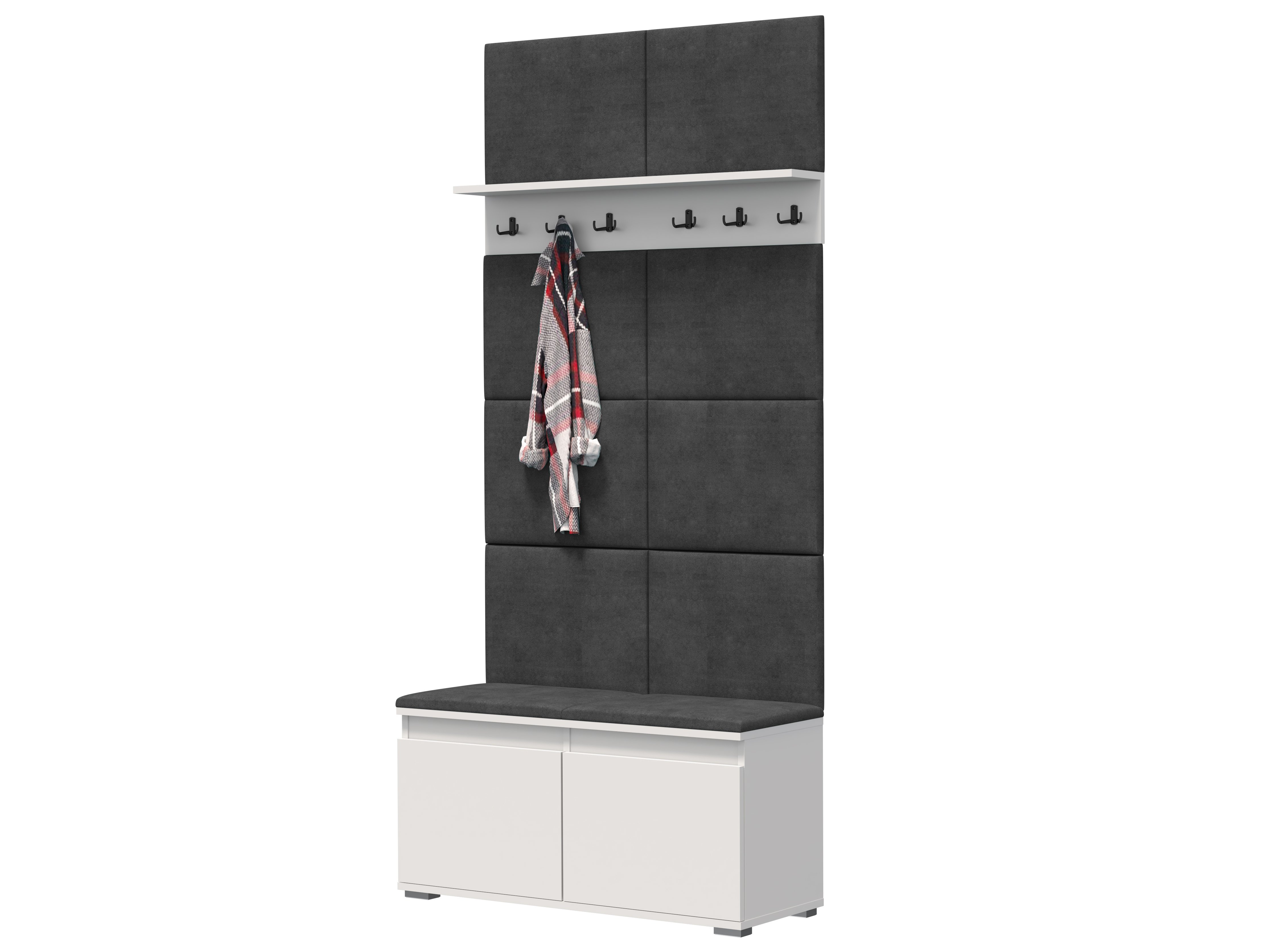 Meblowa1 Zestaw Szafka na buty z siedziskiem, panel ścienny i półka z 6 wieszakami, 8 paneli ściennych, szary, nowoczesny, biały, 100x214x37 cm, 45 kg