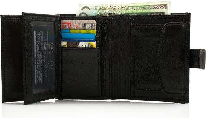 Solier Elegancki czarny skórzany męski portfel SOLIER