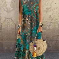 Sukienki - TEMU Kobieca Casualowa Sukienka Bez Rękawów w Paisley – Turkusowo-Złota, Okrągły Dekolt, Pranie Maszynowe, Lekka Tkanina na Wszystkie Pory Roku do - miniaturka - grafika 1