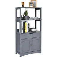 Szafki łazienkowe - Wolnostojąca szafka łazienkowa, wysoka szafka do łazienki, z 2 drzwiami i 3 otwartymi półkami i szufladą, nowoczesna, kuchni, salonu (szara) - miniaturka - grafika 1