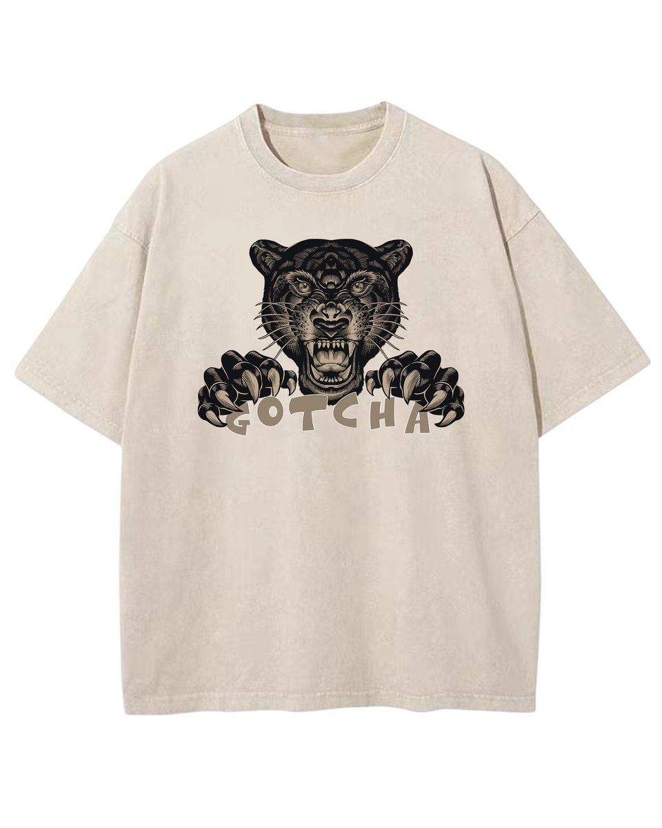 Męska koszulka oversize efekt sprania Dzika Pantera Zwierzęta Beżowa L