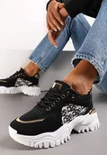 Sneakersy damskie - Czarne Sneakersy na Grubej Podeszwie z Metaliczną Wstawką Austyna - miniaturka - grafika 1