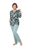 Piżamy damskie - PIŻAMA DAMSKA M TURKUS LIŚCIE ROZPINANA DŁUGI RĘKAW DŁUGIE SPODNIE BAWEŁNA - miniaturka - grafika 1
