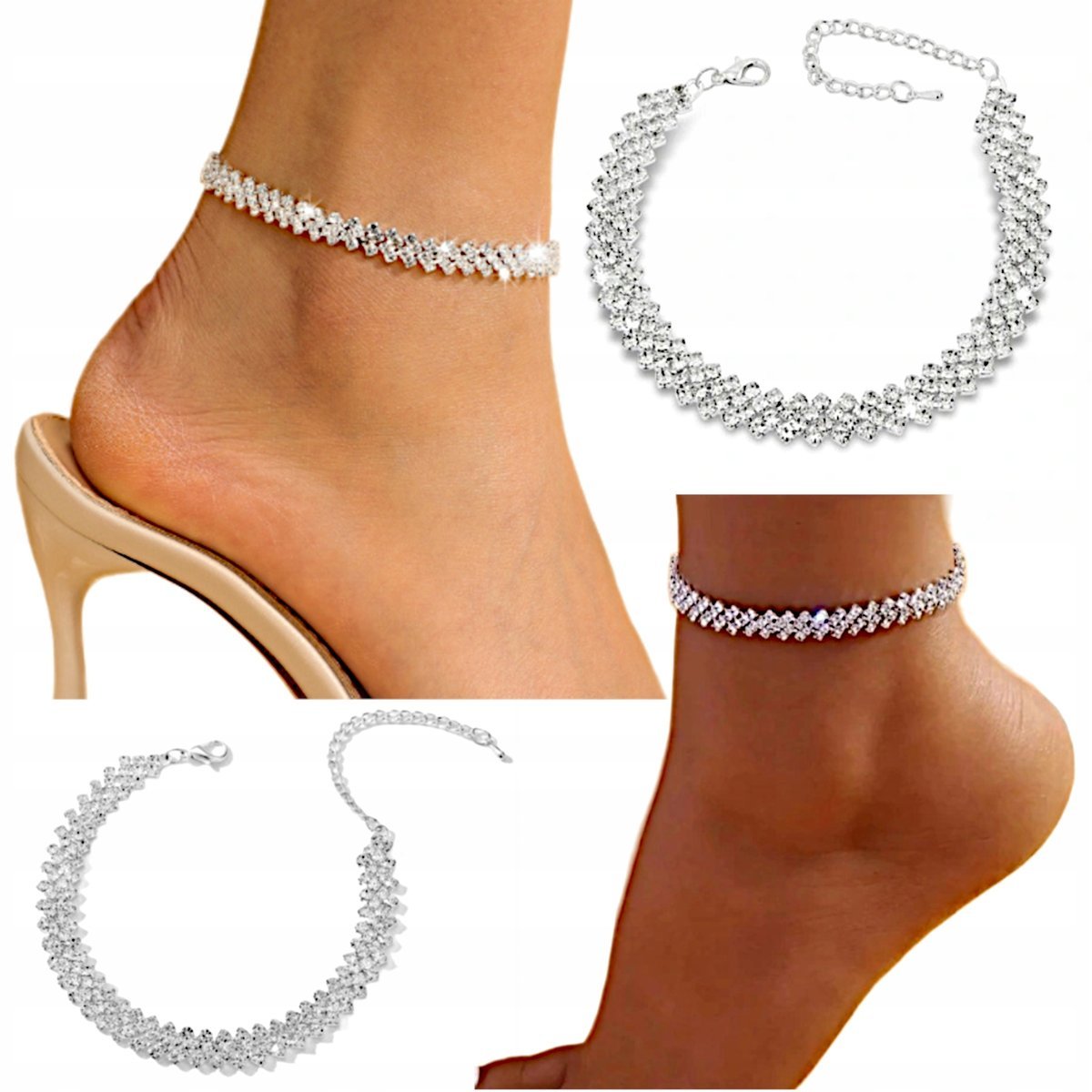 Bransoletka Srebrna Na Nogę Kostkę Cyrkonie Kryształki Elegancka Stylowa