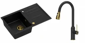 Zlewozmywaki z baterią - Quadron Zlewozmywak granitowy jednokomorowy 78*50*22 cm z ociekaczem MORGAN 111 PURE CARBON czarny ze złotym odpływem z baterią JESSICA Q LINE PURE CARBON z wyciąganą wylewką i funkcją prysznica kolor czarny mat/wykończenie złote - miniaturka - grafika 1