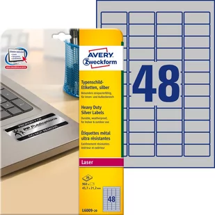 Avery Zweckform Zweckform etykiety 45.7mm x 21.2mm A4 srebrne 48 etykiety bardzo trwałe pakowany po 20 szt. L6009-20 do drukarek lase L6009-20 - Etykiety do drukarek - miniaturka - grafika 1