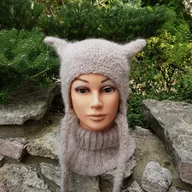 Czapki dla dzieci - Komplet Czapka Kotek, komin i rękawiczki- beżowy - miniaturka - grafika 1