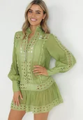 Bluzki damskie - Zielona Pudełkowa Tunika z Koronką i Długim Rękawem Ahrar - miniaturka - grafika 1