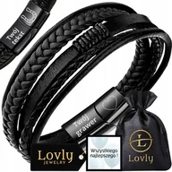 Bransolety męskie - Skórzana Bransoletka Męska Stal Nierdzewna 316L Czarna Premium Z Grawerem - miniaturka - grafika 1