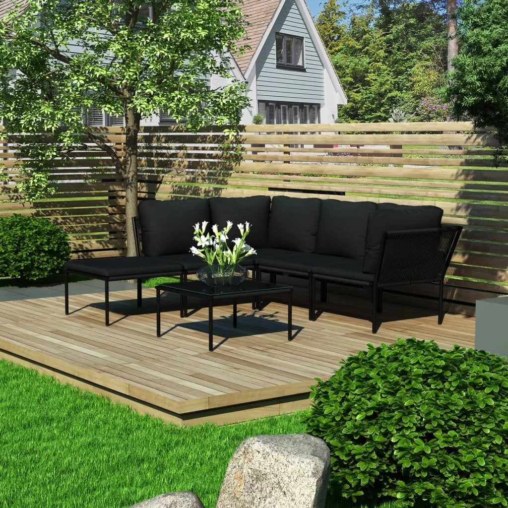 vidaXL 6-cz. zestaw wypoczynkowy do ogrodu, z poduszkami, PVC, czarny