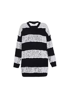 Swetry damskie - faina Damski sweter w paski, nieregularny sweter z cekinami, z okrągłym dekoltem, czarny, rozmiar XL/XXL, czarny, XL - grafika 1