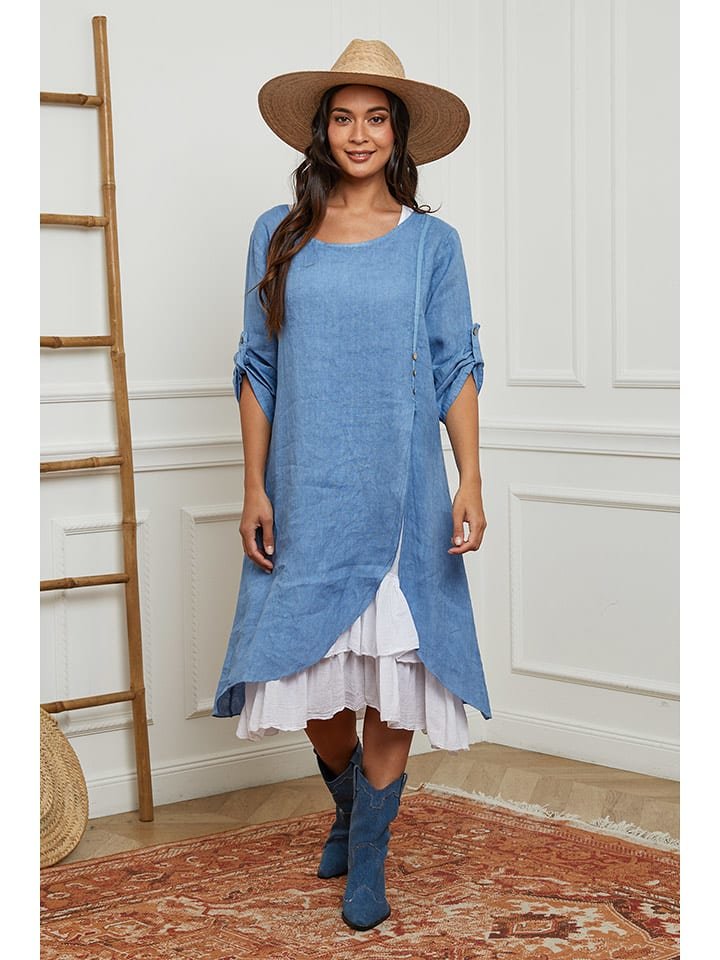 La Compagnie Du Lin Lniana sukienka w kolorze błękitno-białym