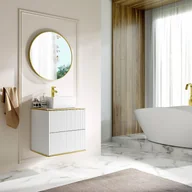 Szafki łazienkowe - Podwieszana szafka łazienkowa prążkowana ze złotym paskiem z kwadratową umywalką nablatową - Biała - L60 cm - KELIZA - miniaturka - grafika 1