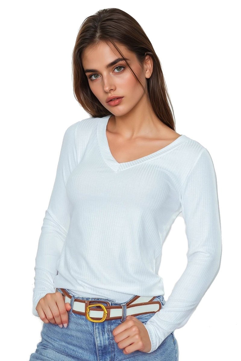 Koszulka damska z długim rękawem z prążkowanej wiskozy Eleonor biała L