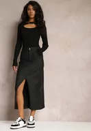 Spódnice - Czarna Midi Spódnica High Waist z Guzikiem i Kieszeniami oraz Suwakiem Navitta - miniaturka - grafika 1