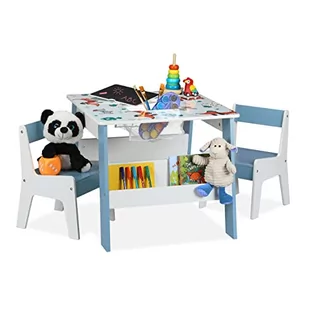 Relaxdays Zestaw do siedzenia dla dzieci, motyw psa, stół dziecięcy, 2 krzesła, kombinacja fotelika dziecięcego, z miejscem do przechowywania i tablicą, kolorowy, jasnoniebieski, biały, czarny - Stoliki dla dzieci - miniaturka - grafika 1