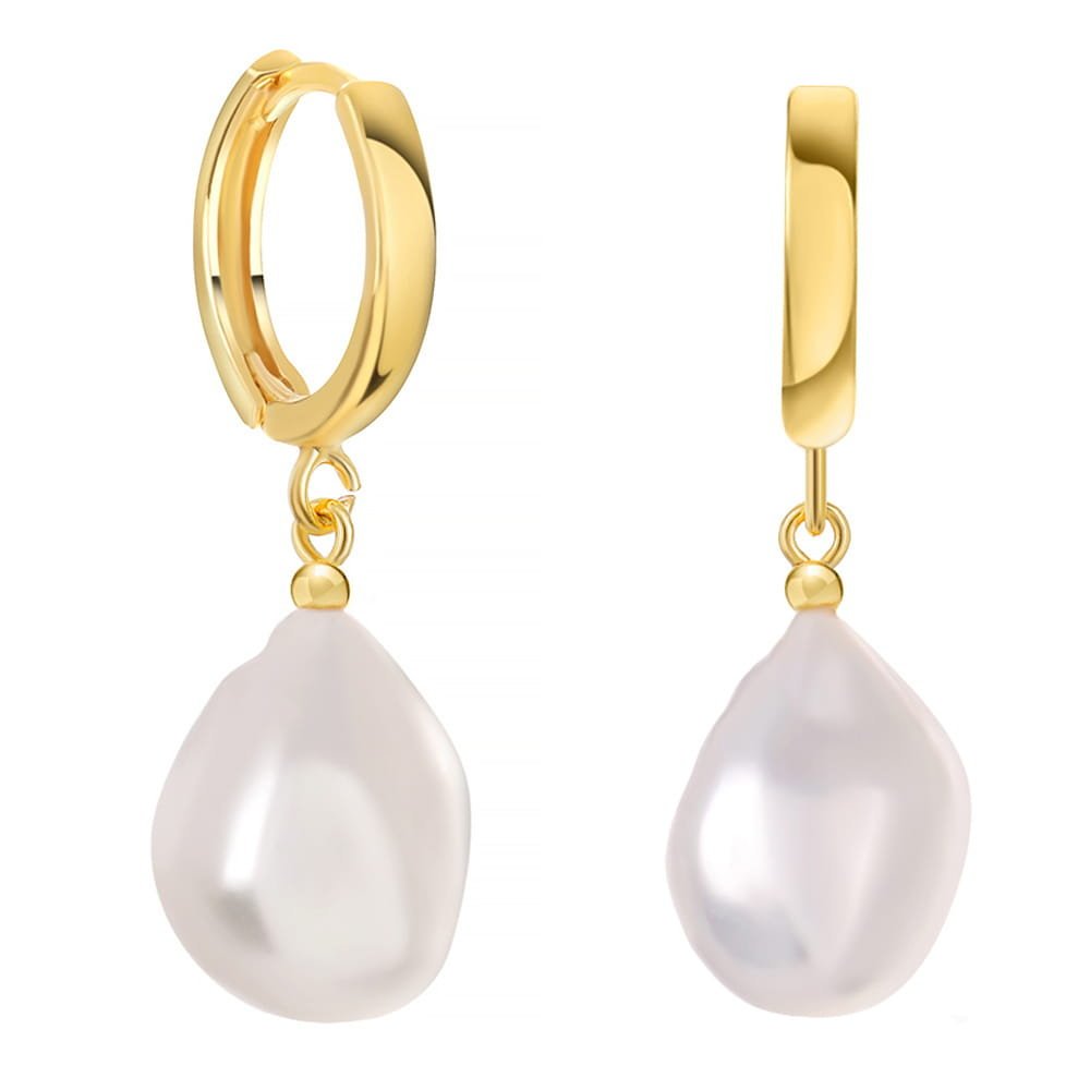 ENAYA CRISTA GOLD Wiszące srebrne kolczyki naturalne perły duże białe kajdanki