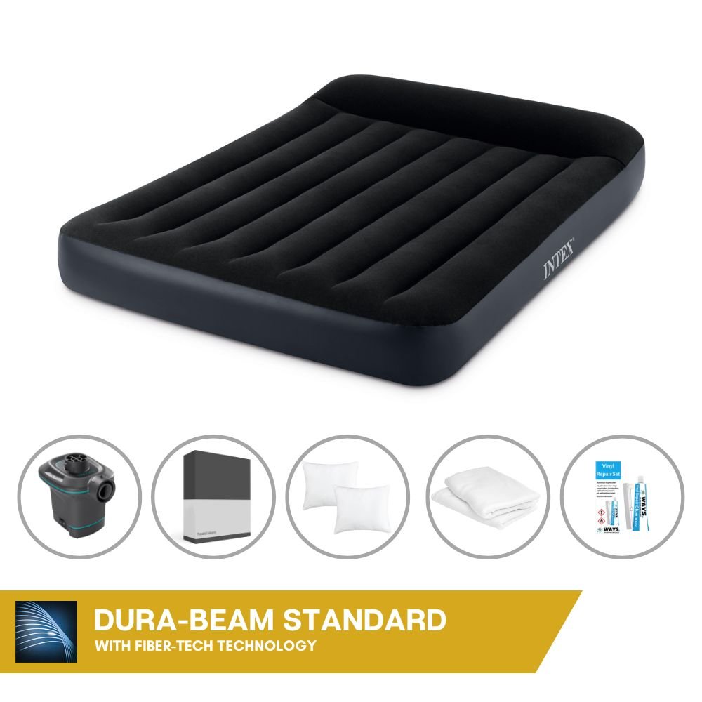 Łóżko dmuchane Intex - 2 osoby - 137 x 191 x 25 cm - czarne + pompka elektryczna Intex - 650 litrów/min + prześcieradło czarne + poduszka + poszewki Molton 2 w 1 + zestaw naprawczy