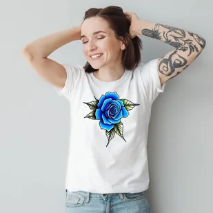 T-Shirt Koszulka Old School rose biała czarna z nadrukiem róża nadruk rozmiar XL - Koszulki i topy damskie - miniaturka - grafika 1