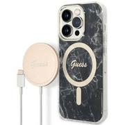 Etui i futerały do telefonów - Guess Zestaw GUBPP14XHMEACSK Case+ Charger iPhone 14 Pro Max 6,7" czarny/black hard case Marble MagSafe - miniaturka - grafika 1