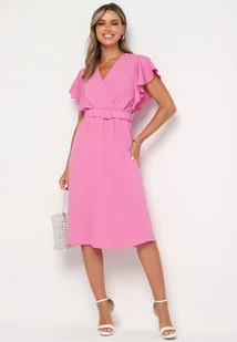 Różowa Sukienka z Kopertowym Dekoltem i Paskiem Sizue - Sukienki - miniaturka - grafika 1