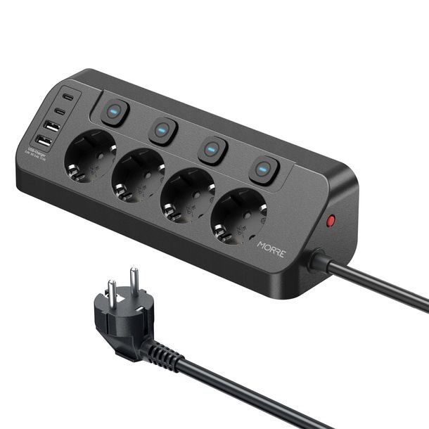 Narożna listwa zasilająca MORRE M412 (Tiross) 8w1: 4 gniazda 230V + 4 porty