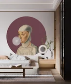 Tapety - Mural DOTS Kobieta z Gumą Balonową WIŚNIOWY- okrągła dekoracja ścienna - miniaturka - grafika 1