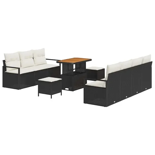 Zestaw Sofa Ogrodowa z Polirattanu i Drewna Akacjowego, Czarny, 6 Osób