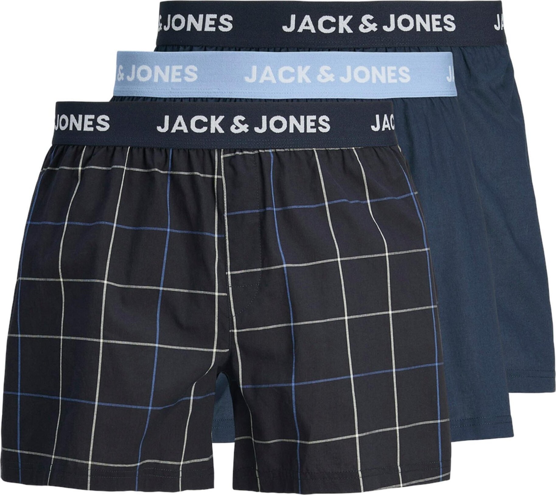 JACK&JONES bokserki męskie, 3-pak - JACJACKSON WOVEN BOXERS, logo w pasie, bawełna, kratka, jednolity kolor czarny/niebieski S