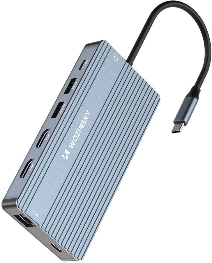 14w1 HUB do 3 monitorów USB-A USB-C DisplayPort HDMI RJ45 SD TF mini jack - szary 14w1 HUB do 3 monitorów USB-A USB-C DisplayPort HDMI RJ45 SD TF mini jack - szary