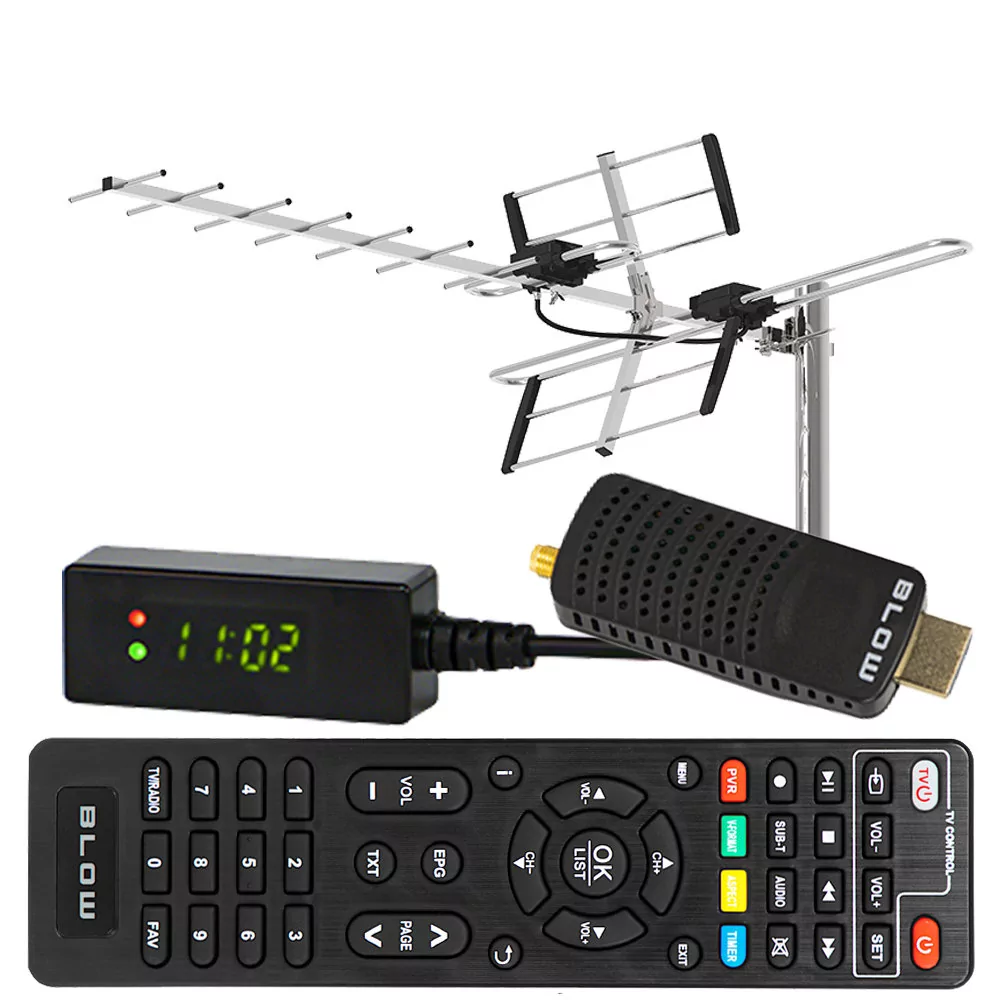 Tuner DVB-T2 BLOW 7000FHD MINI H.265 HEVC + antena kierunkowa VHF/UHF MUX8 ATD31S