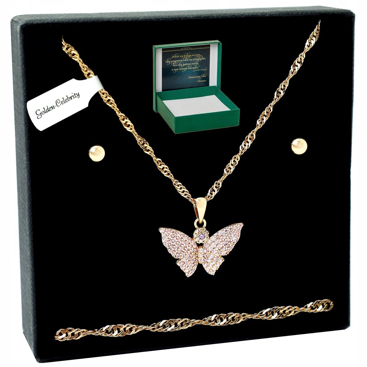 Złoty Komplet Biżuterii Stal Chirurgiczna Motyl Z Cyrkoniami+Kolczyki 60 Cm