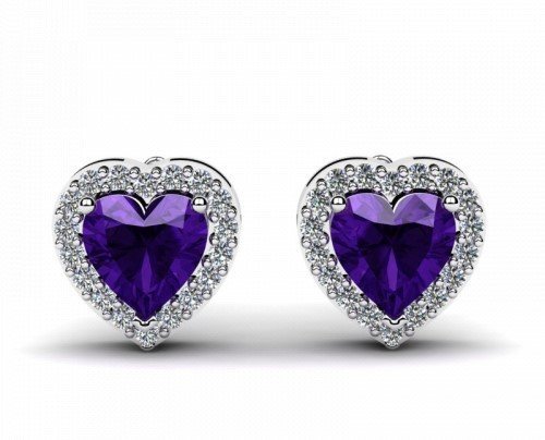 ADARA złote kolczyki Cyrkonie SERCE Ametyst Białe Złoto 9ct