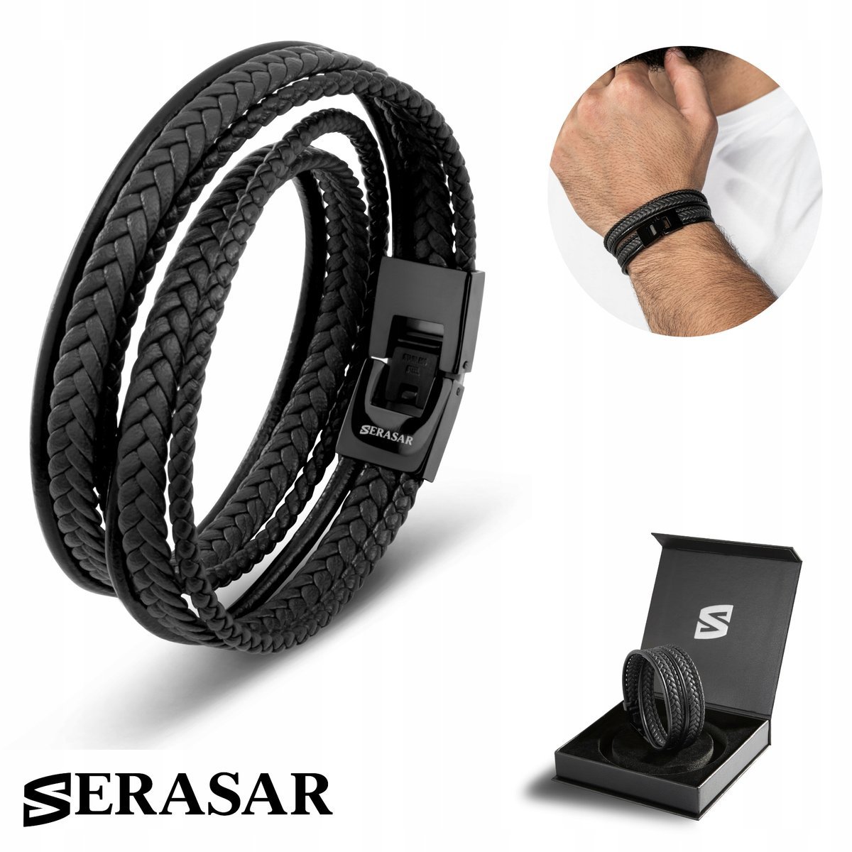 SERASAR, męska skórzana bransoletka „Wrap”, czarna, 34 cm, ze stalowym zapięciem magnetycznym, w zestawie pudełko prezentowe