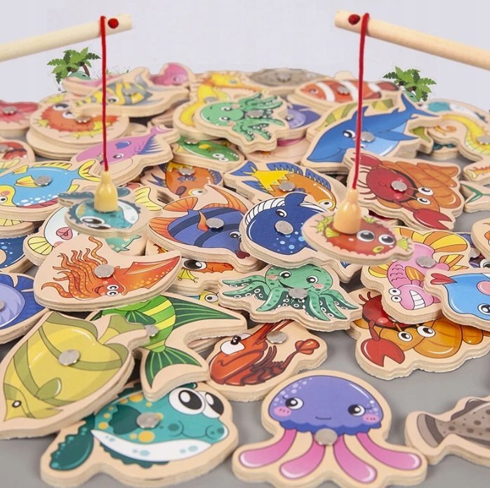 Gra Drewniana Łowienie Rybek na Magnes Wędka Puzzle 15+1