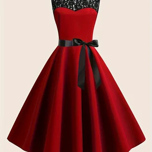 TEMU Elegancka czerwona sukienka typu A z czarnym detalem z koronki - bez rękawów, z marszczonej koronki i akcentem kokardki, idealna na letnie - Sukienki - miniaturka - grafika 1