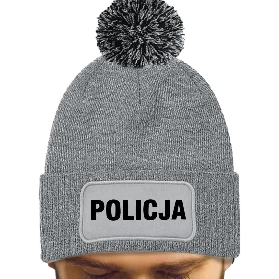 Szara Czapka Zimowa Z Pomponem POLICJA Ciepła Na Prezent Wzory