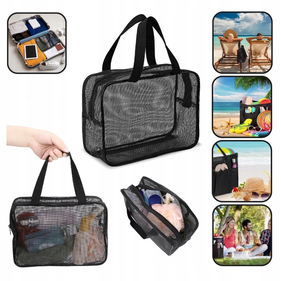 DUŻA TORBA PLAŻOWA Z SIATKI - SKŁADANA - ODPORNA NA PIASEK - Z ZAMKIEM