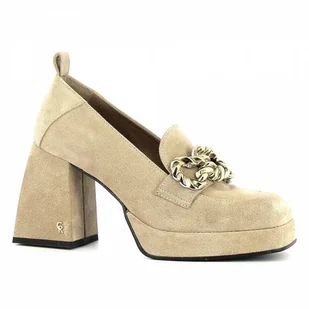 Beżowe półbuty zamszowe na obcasie CARINII - Carinii - Mokasyny damskie - miniaturka - grafika 1