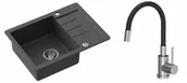 Zlewozmywaki z baterią - Steiner Zlewozmywak granitowy jednokomorowy 60*44*18,5 cm z ociekaczem JOHNNY 116 czarny ze stalowym odpływem z baterią MAGGIE z elastyczną wylewką - miniaturka - grafika 1