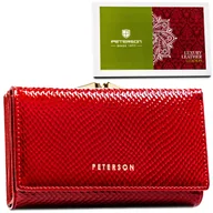 Portfele - Czerwony mały portfel damski ze skóry naturalnej PETERSON portmonetka na zatrzask i bigiel rozbudowany na karty klasyczny elegancki na prezent ochro.. - miniaturka - grafika 1