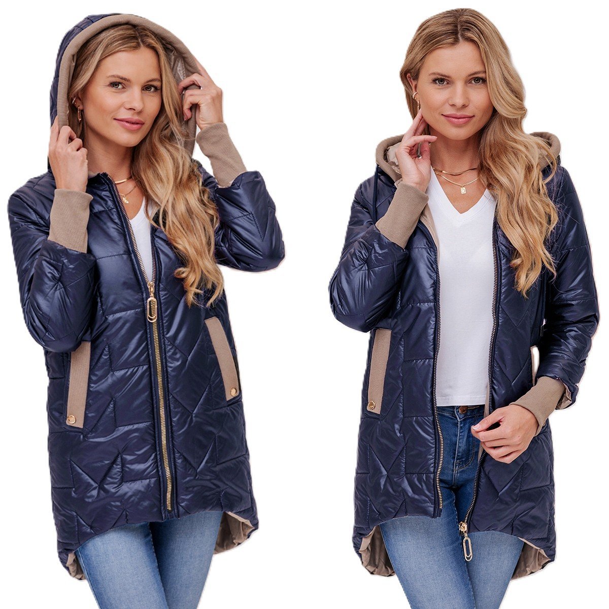 ASYMETRYCZNA JESIENNA PRZEJŚCIOWA KURTKA DAMSKA Z KAPTUREM LEKKA S