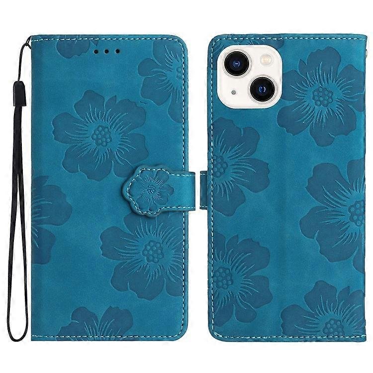 Kompatybilny z iPhone 15 Flowers Nadrukowany skórzany portfel Stojak Etui Odporny na wstrząsy pokrowiec na telefon Niebieski
