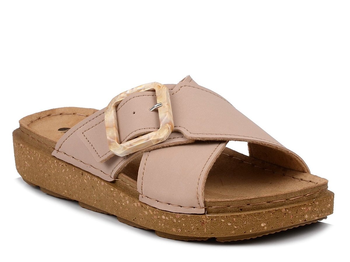 Klapki damskie na platformie beżowe skórzana wkładka Inblu ED-15-41