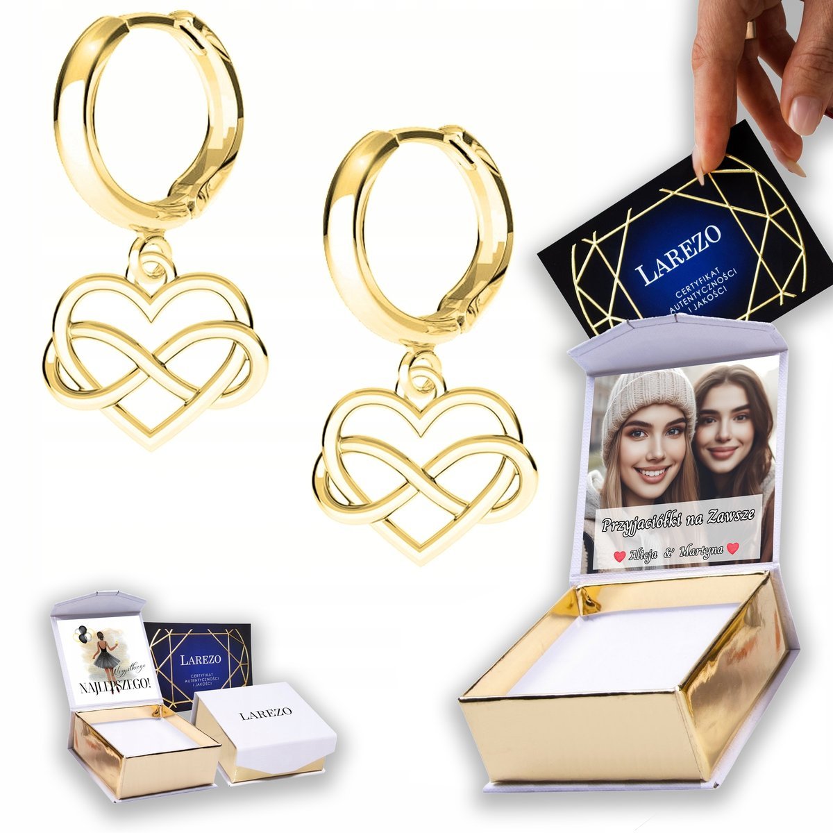 Złote Kolczyki 925 Serca Serduszka Nieskończoność z Serduszkiem NADRUK