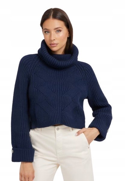 GUESS GRANATOWY SWETER DAMSKI Z GOLFEM I WZOREM ŻAKARDOWYM L GMA