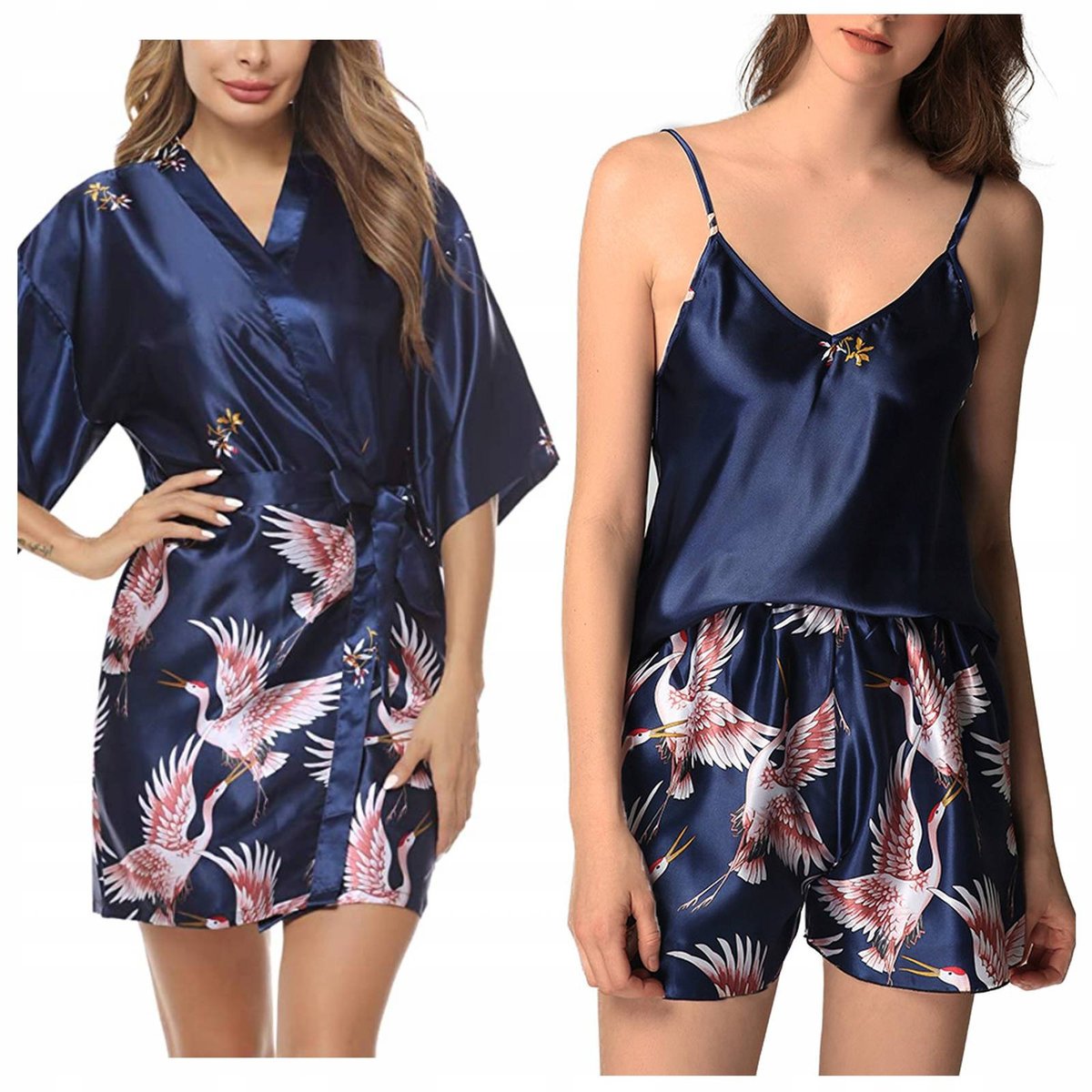 Komplet szlafrok damski satynowy print top spodenki - S