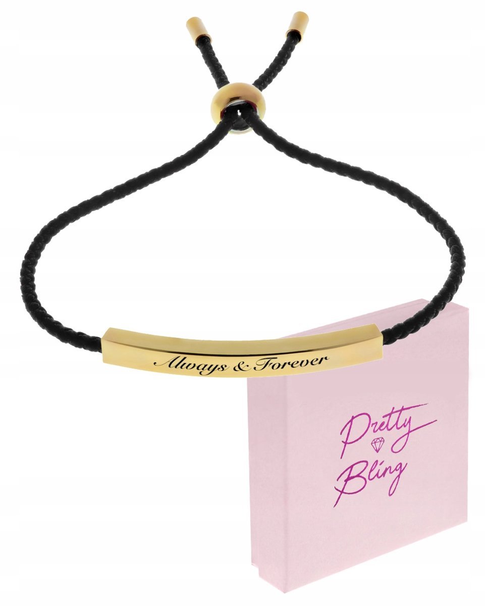 Bransoletka damska z GRAWEREM czarny sznurek BLASZKA pozłacana STAL